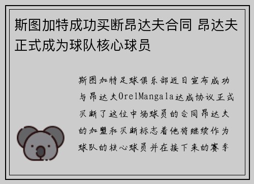 斯图加特成功买断昂达夫合同 昂达夫正式成为球队核心球员