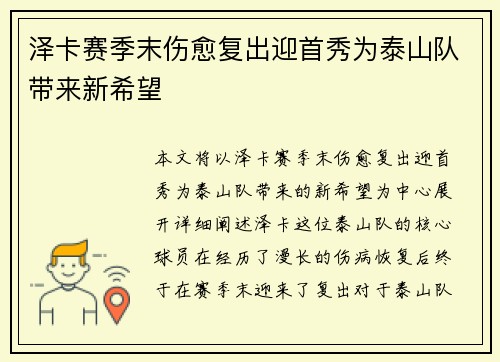 泽卡赛季末伤愈复出迎首秀为泰山队带来新希望